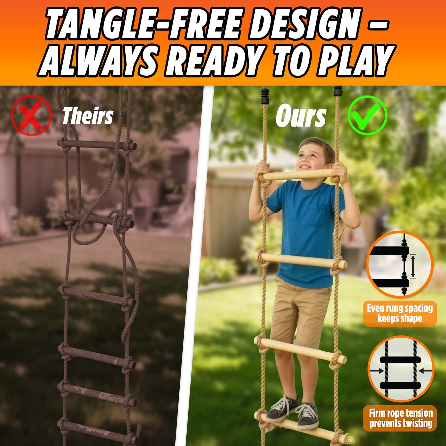 Trailblaze Premium Climbing Rope Ladder for Kids 6ft Wooden, Playset Rope Ladder Swing Set, Safe & Secure Outdoor/Indoor, Playground Rope Ladder