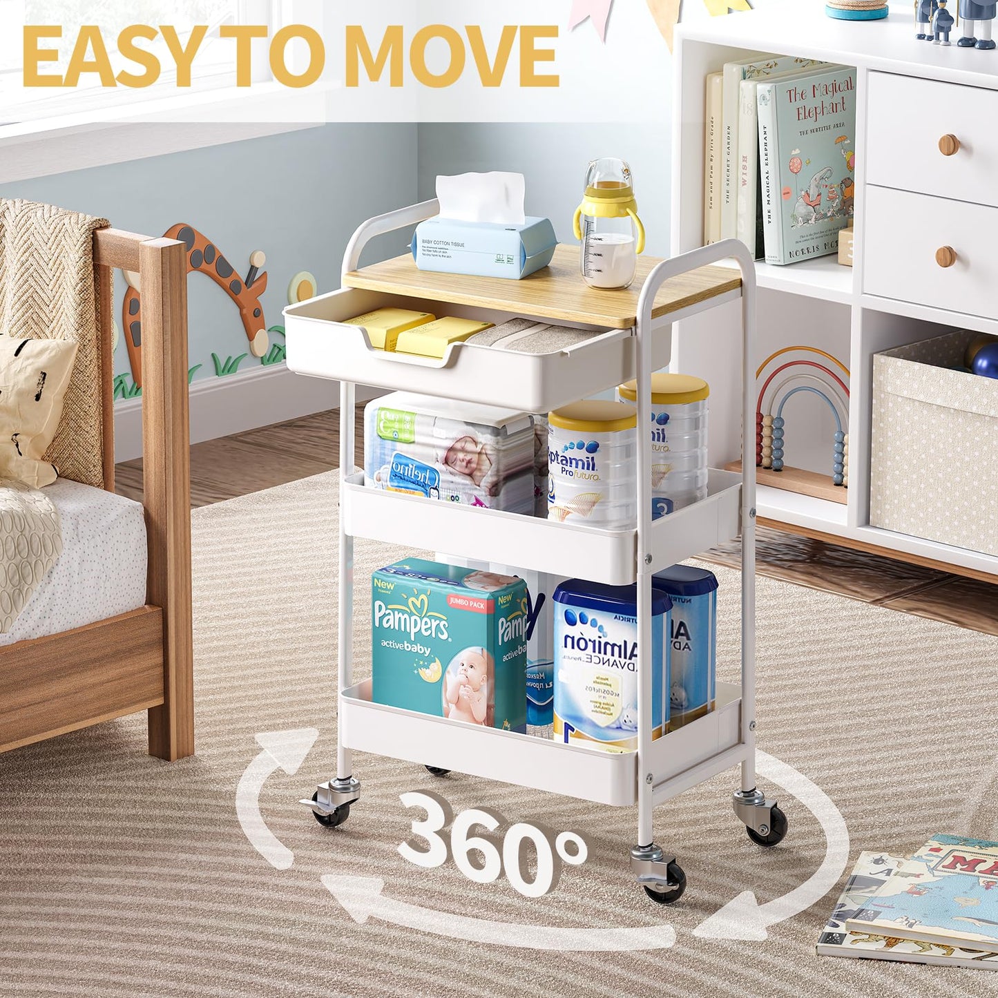 TOOLF 3-Tier Utility Rolling Cart with Wooden Board and Drawer, Metal Storage Cart with Handle, White Trolley Kitchen Organizer Rolling Desk with Locking Wheels for Office, Classroom, Home, Bedroom