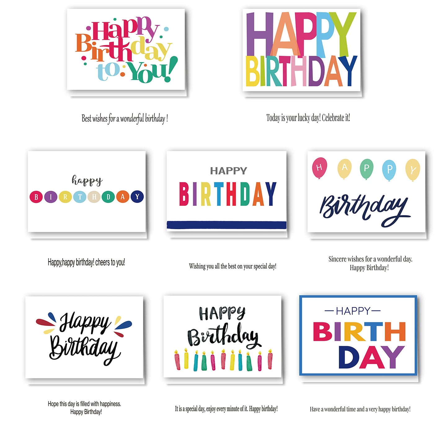 100 Birthday Cards, Happy Birthday Cards Bulk with Short Message Inside, 5x7 Inch Thick Card Stock Assorted Birthday Cards with Envelopes,10 Unique Designs for Men and Women.