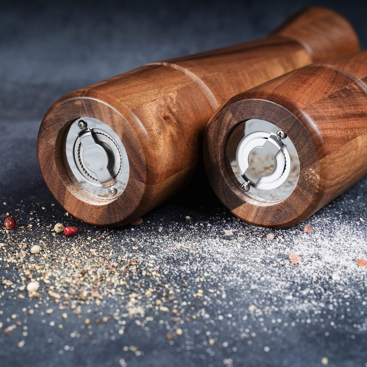 DeroTeno Salt and Pepper Grinder Set with Tray, Adjustable Ceramic Grinder Salt Mill, Stainless Steel Grinder Pepper Mill, Acacia Wood, 27 cm / 10 inch Height, Bottom Dia 6 cm (Tray is Included)