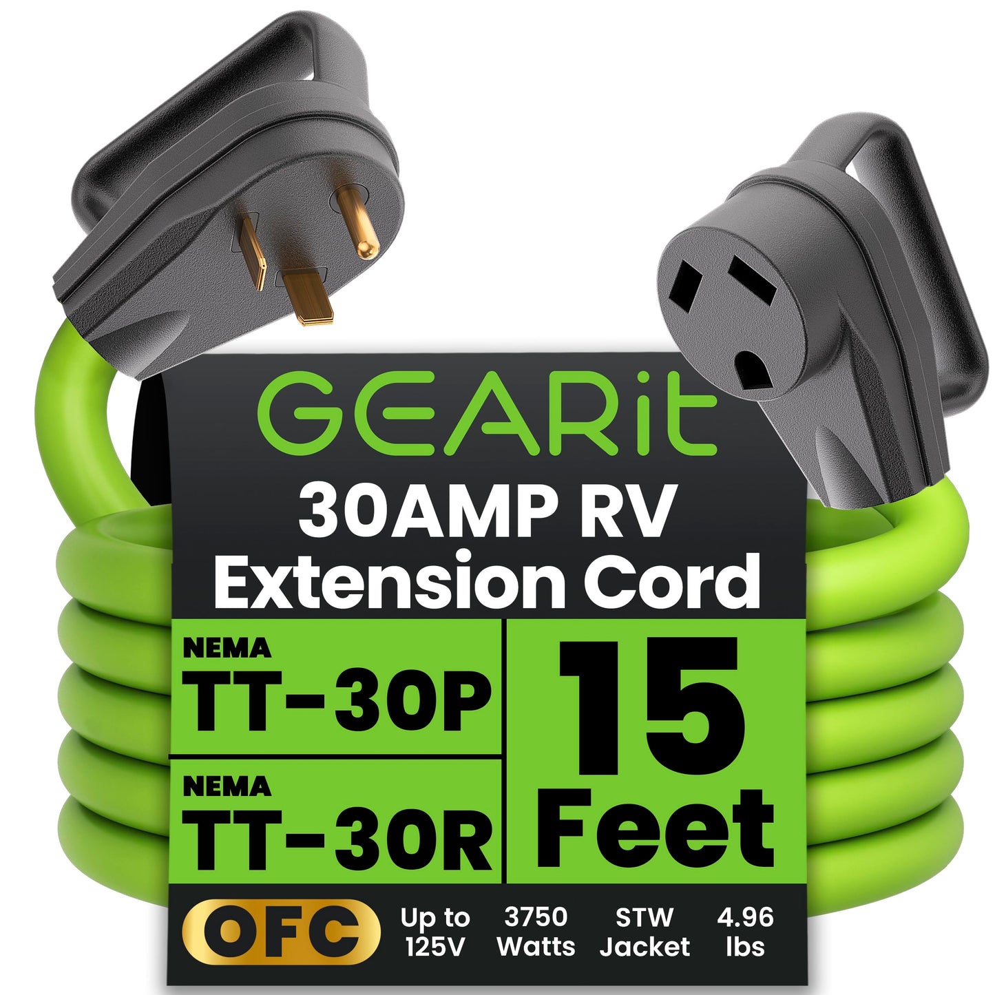GEARit 30-Amp Extension Cord for RV and Auto, 125-Volt, 3-Prong, 10/3 STW 10AWG Gauge 3 Wire, NEMA TT-30P to TT-30R, Outdoor, Waterproof, Outdoor Camper Power Cord, 15 feet (4.5 Meters), Green