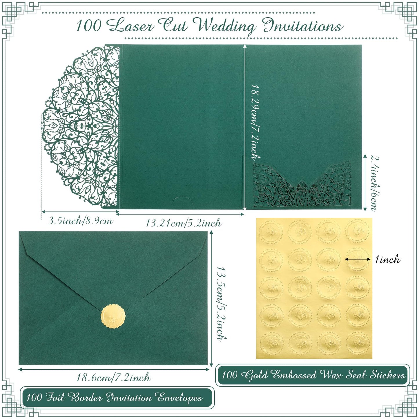 PerKoop 100 Set 5 x 7 Laser Cut Wedding Invitation with Envelopes and Wax Seal Stickers Blank Pocket Invitation Cards Kit for Wedding Bridal Shower Engagement Invite(Dark Green)