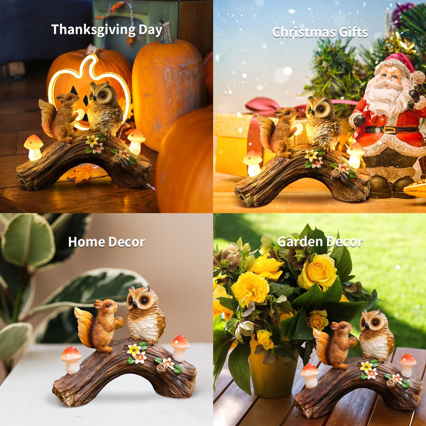 WONDHOME Solar Owl Garden Statues Outdoor Decor Resin Owl Squirrel Figurine with Mushroom Lights for Patio Lawn Yard Decorations Christmas Housewarming Gardening Gifts for Women Mom
