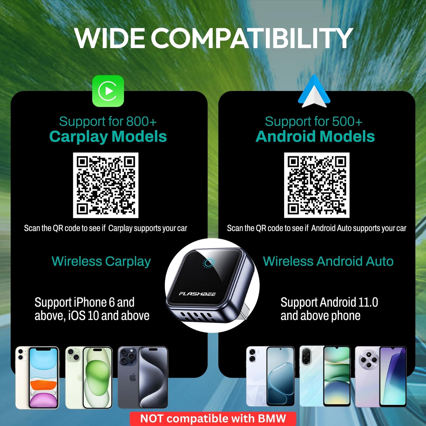 FLASHBEE 2026 [2-in-1] Latest Wireless CarPlay & Android Auto Adapter, Converts Wired to Wireless, Fast Auto-Reconnect, Dual-Band 5GHz WiFi + Bluetooth 5.3, USB-A & USB-C Compatibile, Mini Design
