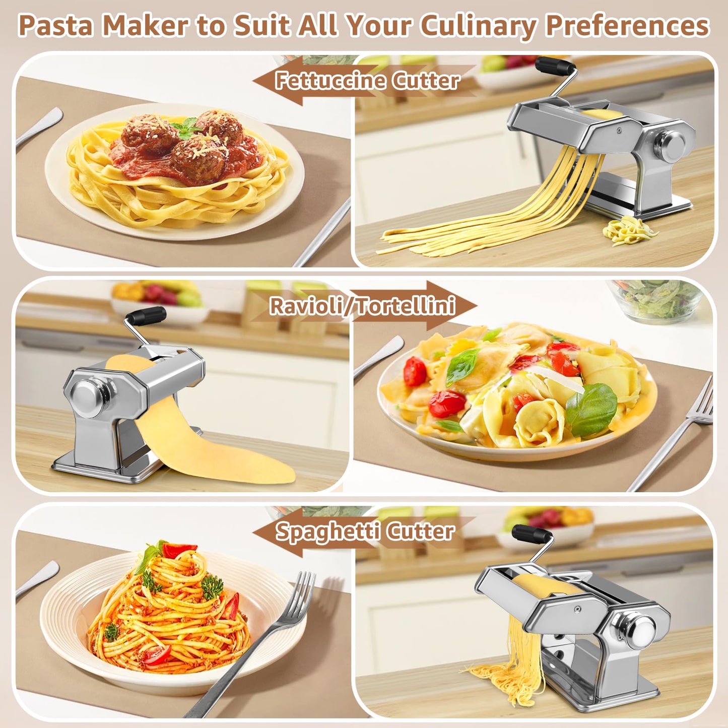 Pasta Maker - 7 Thickness Settings Pasta Roller & 2-in-1 Cutter, Stainless Steel Noodle Maker for Spaghetti, Fettuccine, Ravioli, Lasagna - Includes Hand Crank & Table Clamp