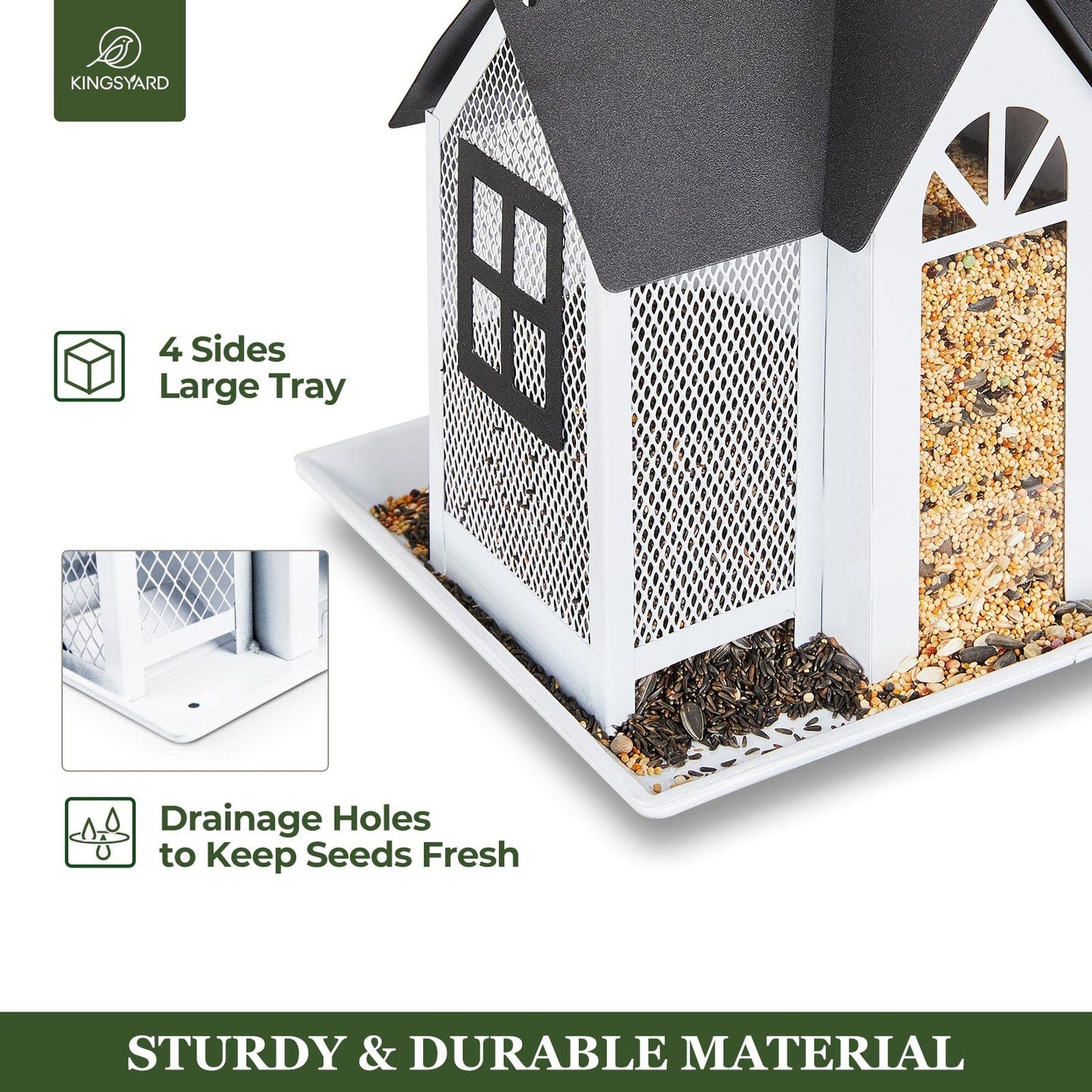 Kingsyard Bird Feeder House for Outside, Metal Mesh Wild Bird Feeder with Triple Feeders for Finch Cardinal Chickadee, Large Capacity, Weatherproof and Durable, Black Roof