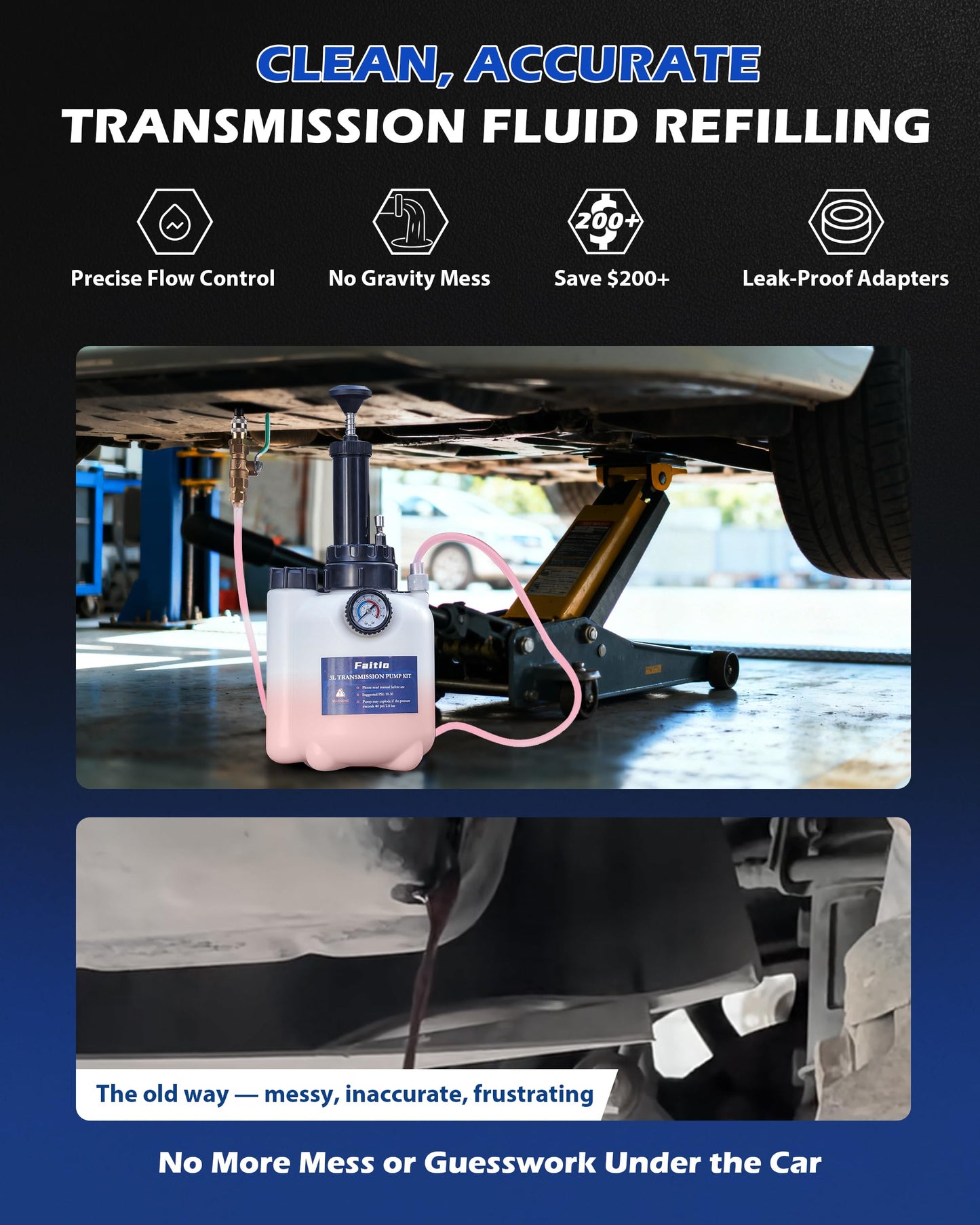 FAITIO 3L Transmission Fluid Transfer Pump w/ 12 ATF Adapters, Automotive Fluid Pressure Pump for Refilling Transmission, Differential and Gear Oil, Manual Car Oil Dispenser Pump