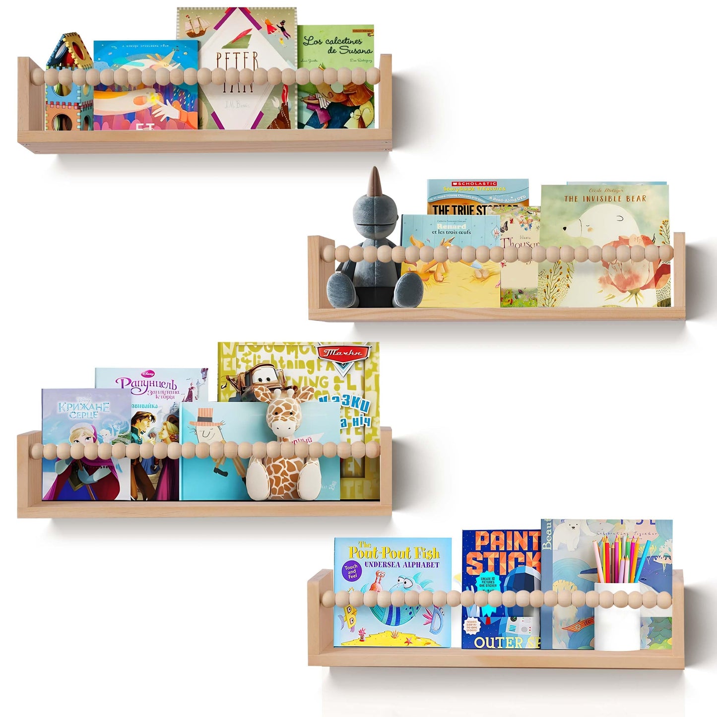 birola Nursery Book Shelves Set of 4,Wood Floating Nursery Shelves for Wall,Wall Bookshelves for Kids(Set of 4 Natural)