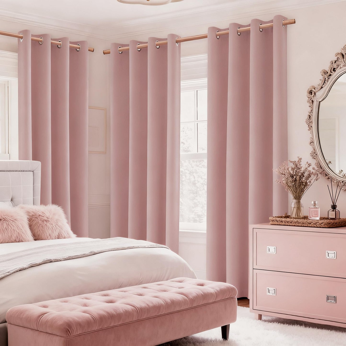 HOMEIDEAS 100% Blackout Curtains 63 Inch Length 2 Panels Faux Linen Curtains Blush Pink Room Darkening Curtains Thermal Insulated Grommet Window Curtains/Drapes with Liner for Nursery/Kids Room
