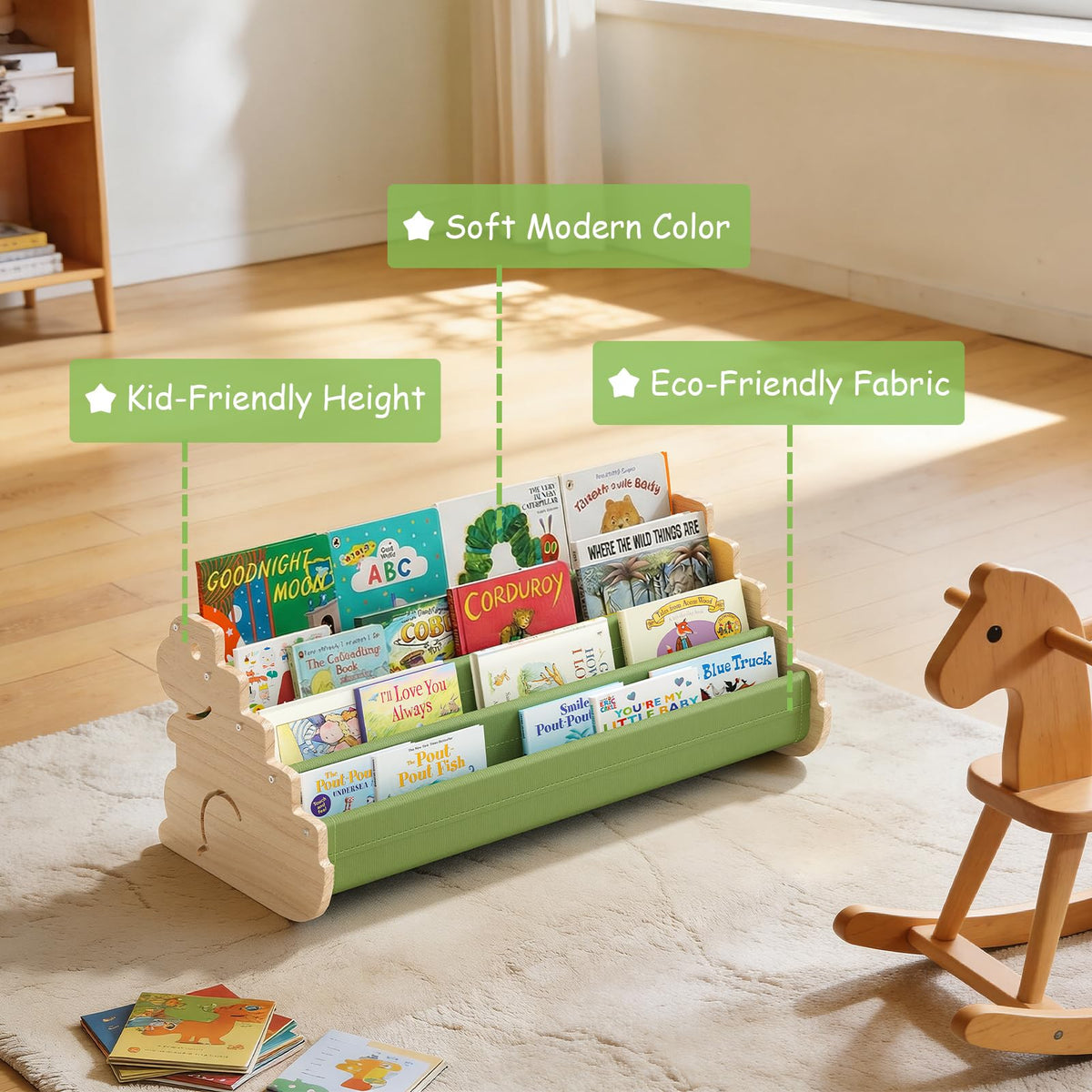 LAMU Bookshelf Kids, 4 Tier Portable Toddler Bookshelf, Solid Wood Kids Book Shelf for Nursery & Playroom, Cute Dinosaur Design Montessori Book Shelf, Toddler Book Display Shelves