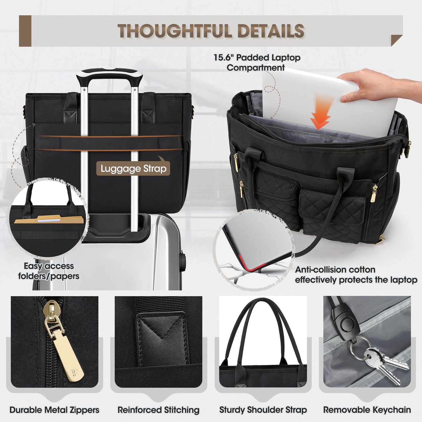 RAINSMORE Teacher Tote Bag with Insulated Lunch Compartment 15.6 inch Laptop Bag for Women Large Work Bags Nurse Bags Professional Briefcase Computer Handbag for Office, College, Nursing, Black
