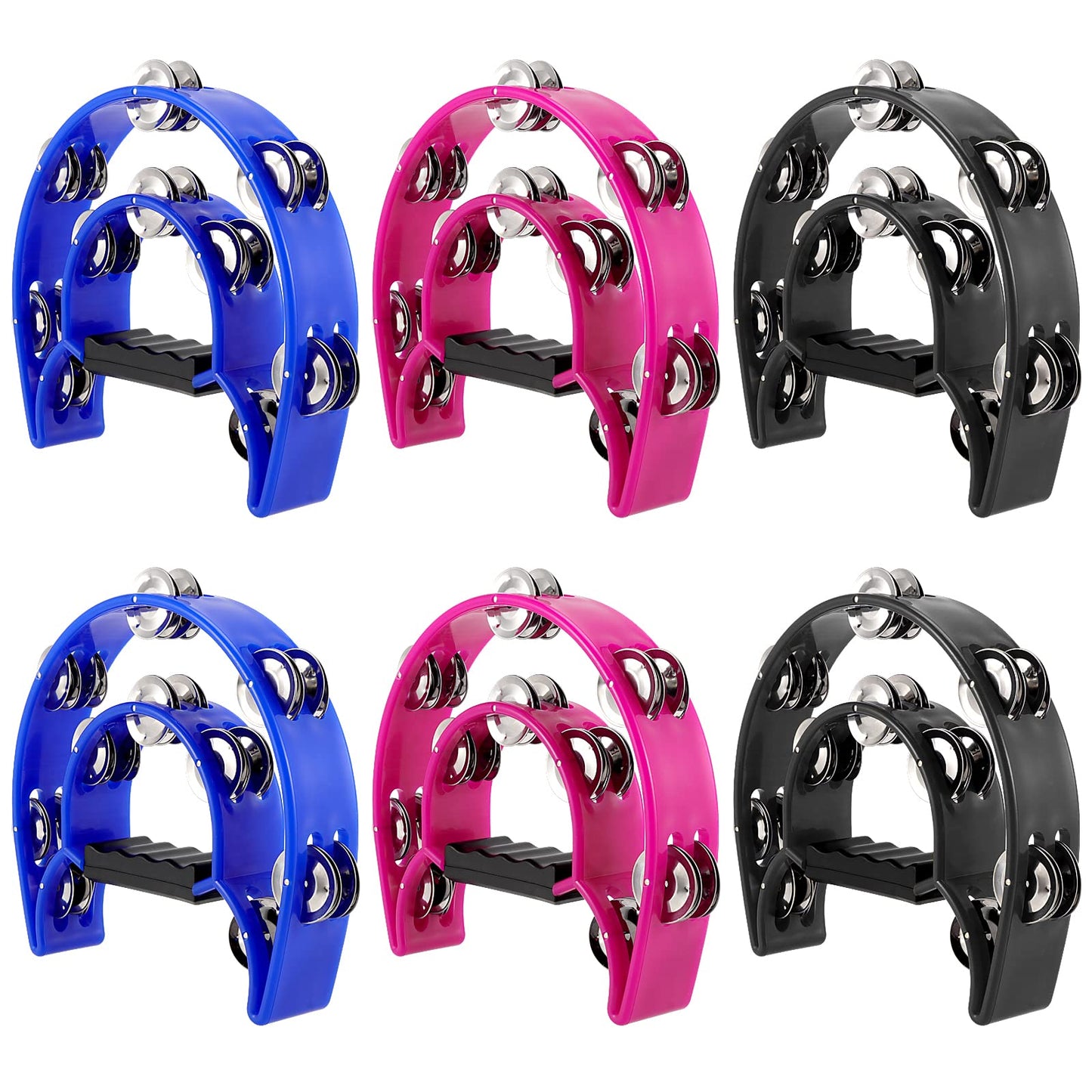 KOHAND 6 Pack 9 Inch Half Moon Tambourine with Double Row Metal Jingles, Handheld Percussion Instrument for Adults, Church KTV Party, Black Blue Magenta
