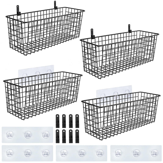 4 Set [Extra Large] Hanging Wall Basket for Storage, Wall Mount Sturdy Steel Wire Baskets, Metal Hang Cabinet Bin Wall Shelves, Rustic Farmhouse Decor, Kitchen Bathroom Organizer, Black