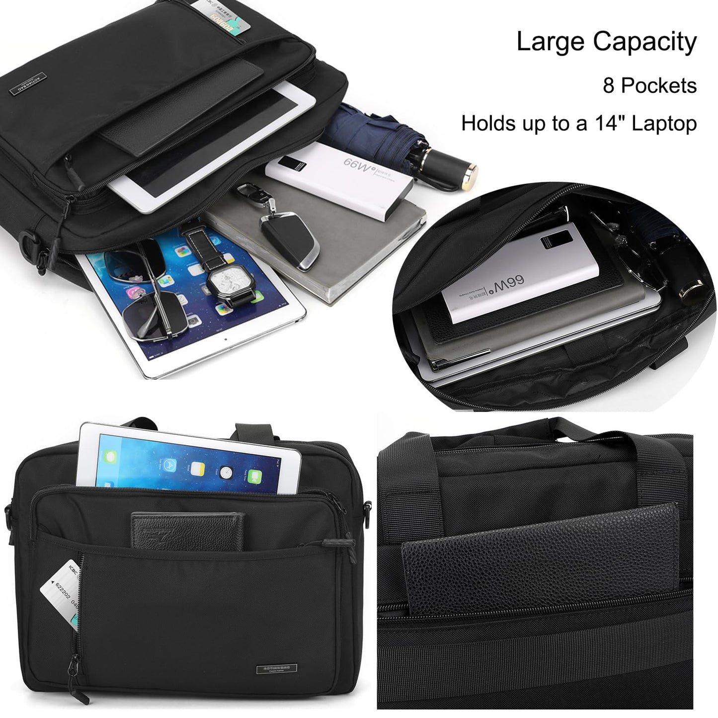 Laptop Bag 14 Inch Briefcase for Men Women Waterproof Nylon Lightweight, Shoulder Messenger Handbag for Business Office Work Travel College Black