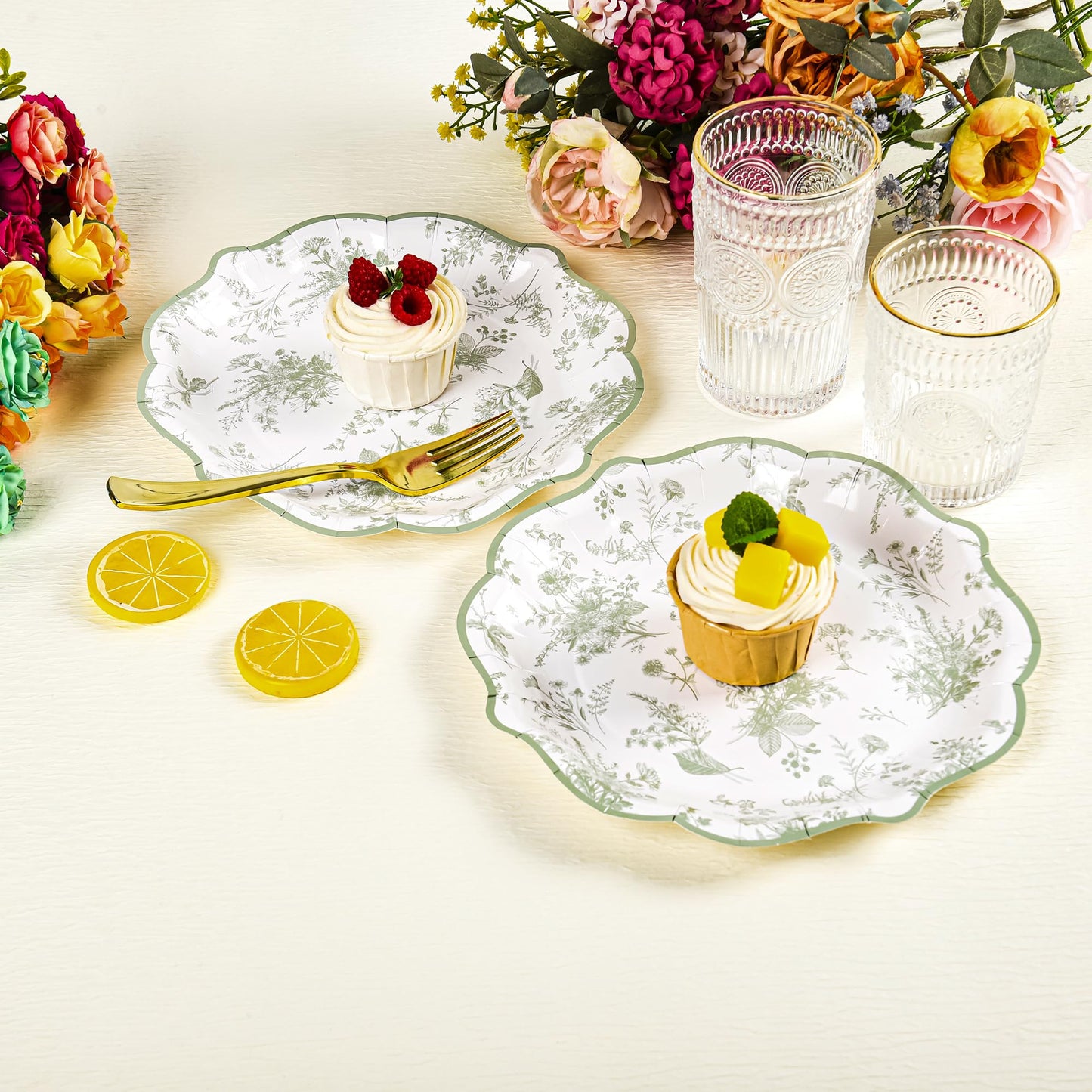 Elyxio Sage Green Floral Party Plates White Green Toile Disposable Paper Plates Flower Leaf 9" Scalloped Edge Dinner Plates for Bridal Baby Shower Wedding Tea Party Supplies Table Decor (48)