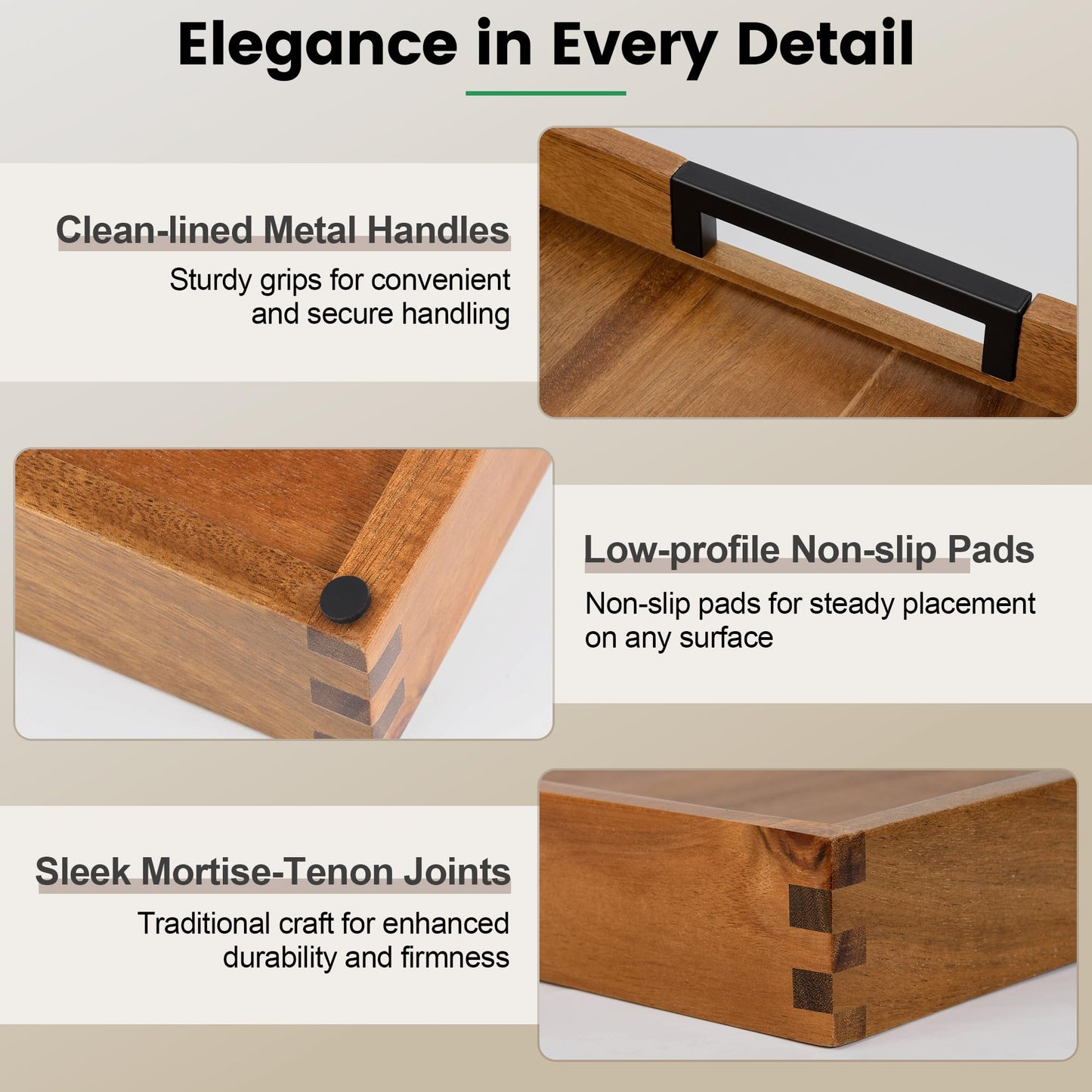 Large Square Ottoman Tray for Living Room and Coffee Table Decorative Acacia Wood Serving Tray with Handles for Breakfast in Bed, Dinner Food TV (Natural, 43.2 x 43.2 x 5 cm)