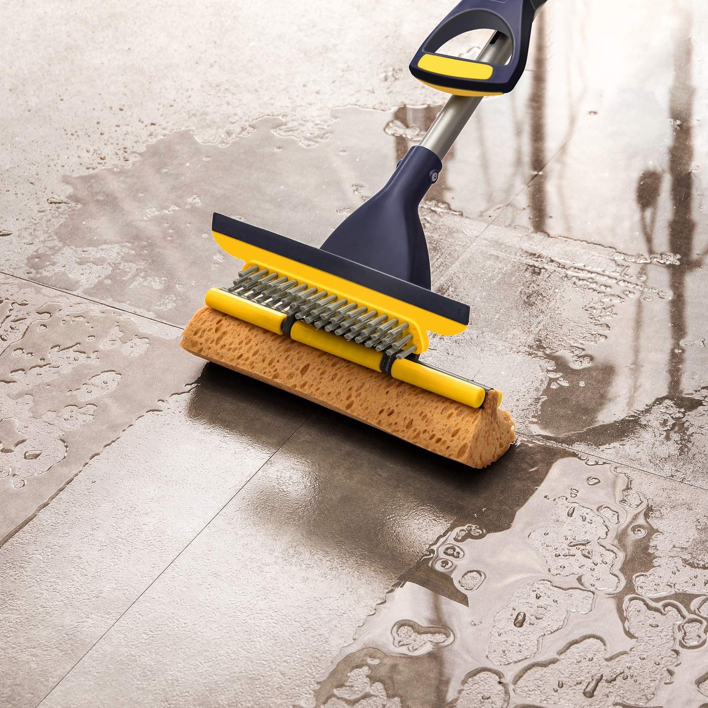 Yocada Sponge Mop Home Commercial Use Tile Floor Bathroom Garage Cleaning Total 3 Sponge Heads Squeegee and Extendable Telescopic Long Handle 42.5 to 52 Inches Easily Dry Wringing Only 3 Heads