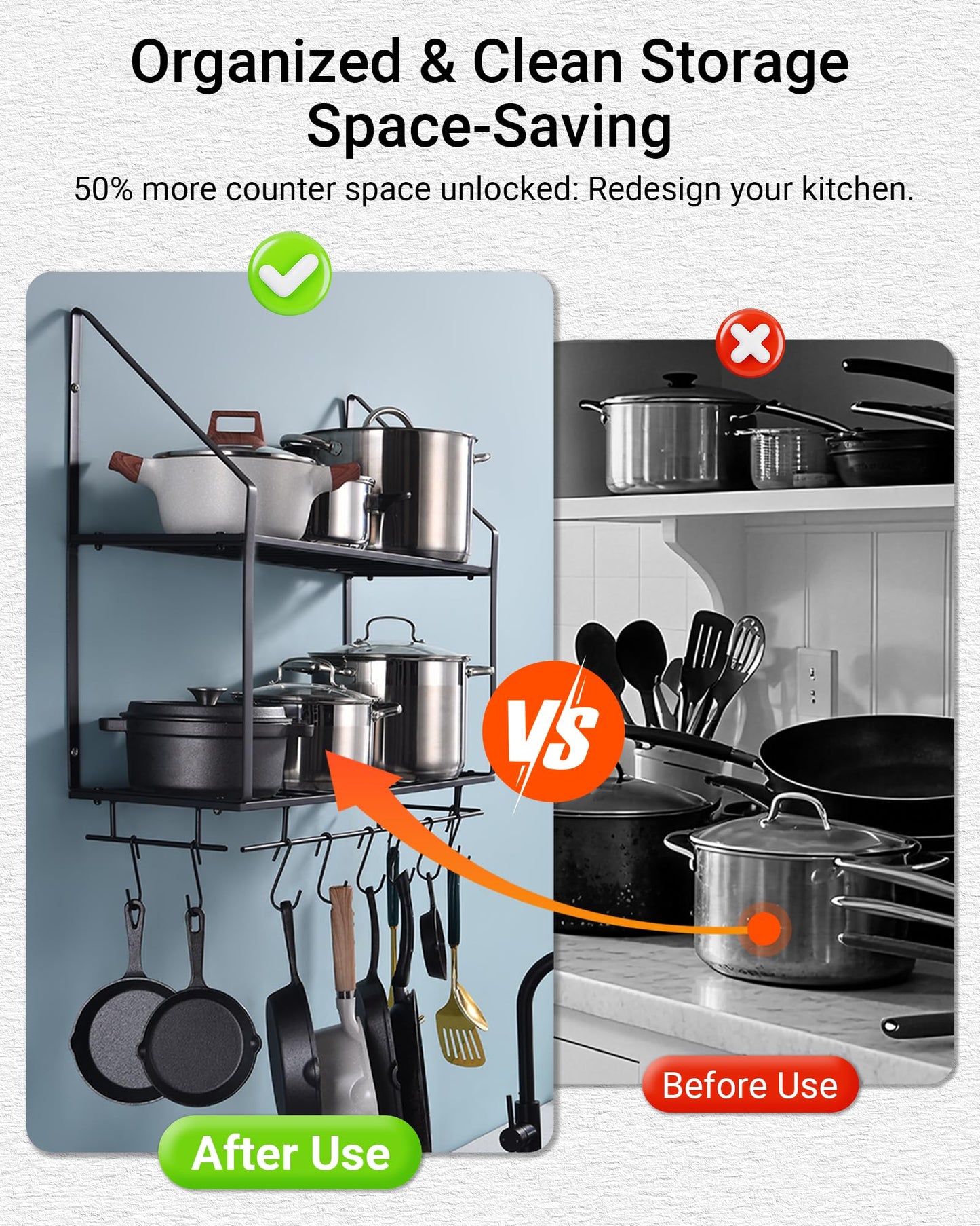 Hoooh 30-Inch Wall Mount Pot Racks - 2-Tier Pot Rack Pan Hanger for Kitchen Storage and Organization - Matte Black Cookware Hanging Shelves with 10 Hooks