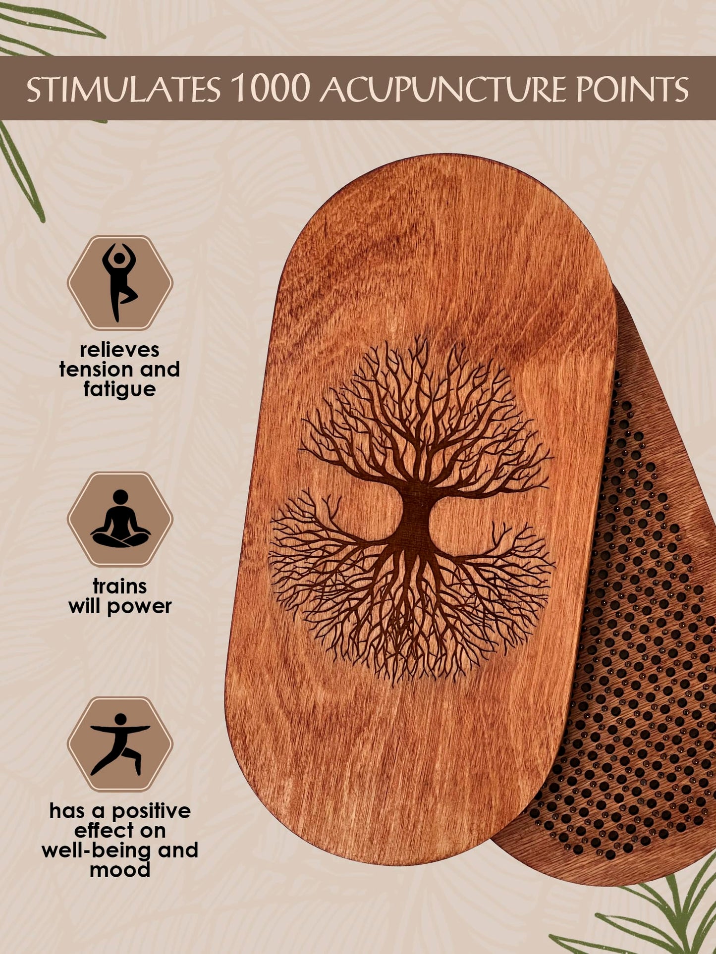Wooden Yoga Board for Acupressure and Meditation with Nails for Deep Tissue Massage, Sadhu Board for Yoga Practice, Acupuncture Massage (oval tree 0.31 in)