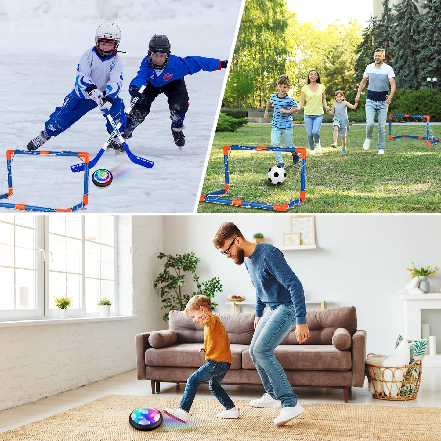 Bheddi Hover Hockey Soccer Ball Set Boys Toys - 2 in-1 Rechargeable Indoor & Outdoor Game with 2 Goals and LED Lights - Perfect Hockey and Soccer Ball Sports Gifts for 3+ Year Old Kids