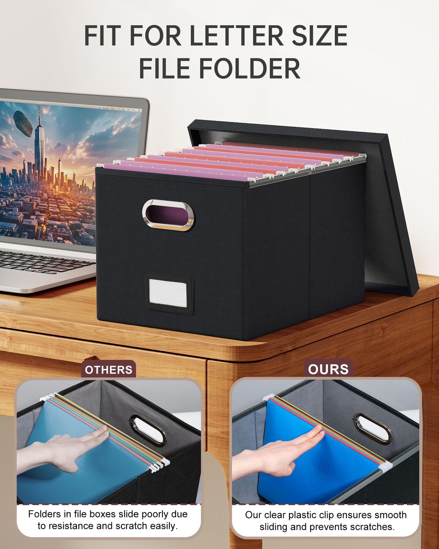 Oterri File Box with Lid, Letter/Legal Size Filing Cabinet, File Folder Organizer Box, Filing Box for Hanging File Folders, File Storage Box with Lid, 2 Packs, Black (No Folders)