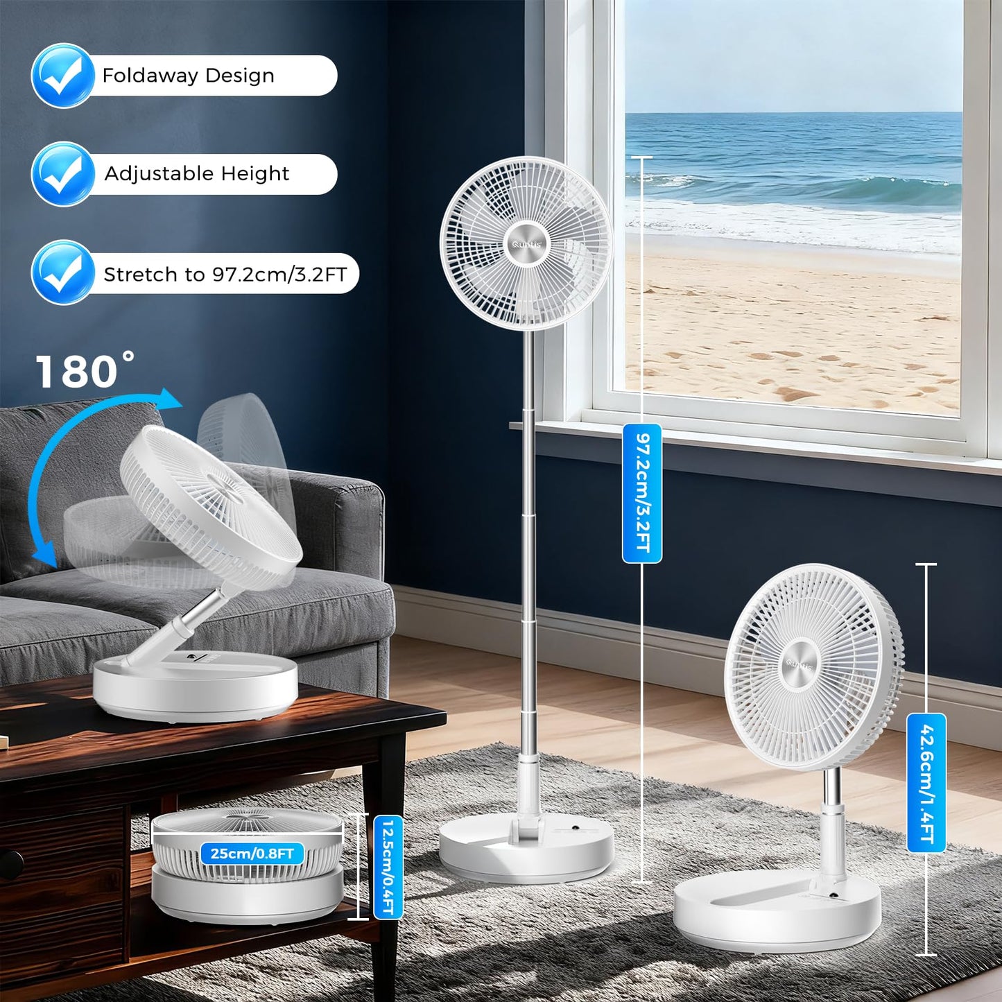 Quntis 10" Foldable Floor Fan with Remote, Rechargeable 3-Adjust Height Standing Fan,Timer & 4-Speed Air Circulation Quiet Oscillating Fan, Portable Pedestal Fan for Home Bedroom Office Travel, White