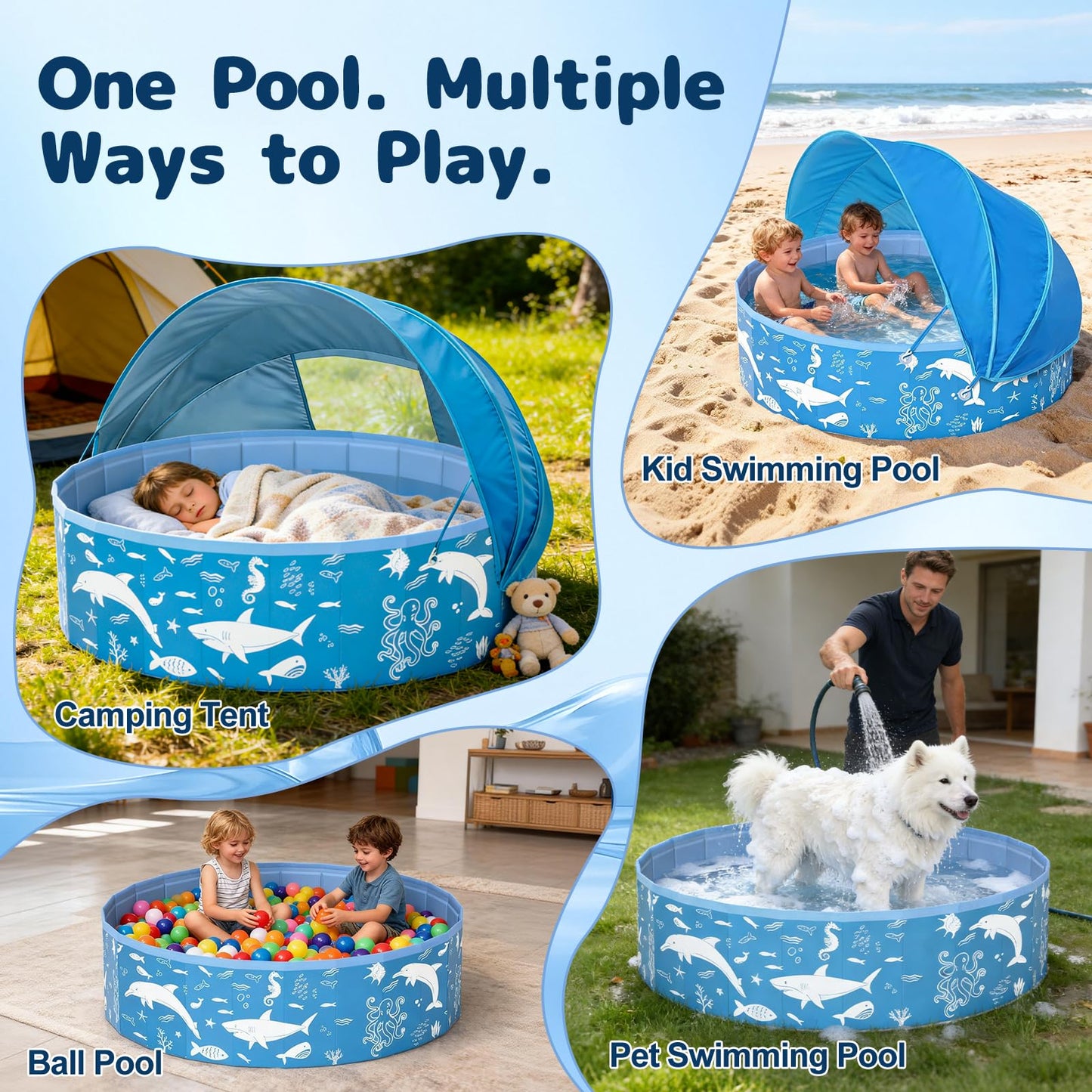 55” Extra Large Kiddie Pool with Canopy, EPN UPF 50+ Sun Shade Baby Pool, No Inflation Foldable Toddler Pool for Backyard Outdoor & Beach, Portable Thickened PVC BPA-Free Kids Water Play Pool, Blue