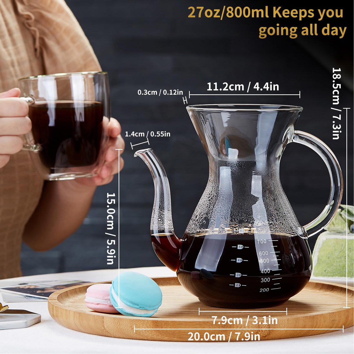 Unbreakable - Pour Over Coffee Maker with Double Stainless Filter 8-Cup, Thickened Heat-Resistant Borosilicate Glass Pour Over Coffee Dripper, Stovetop Safe