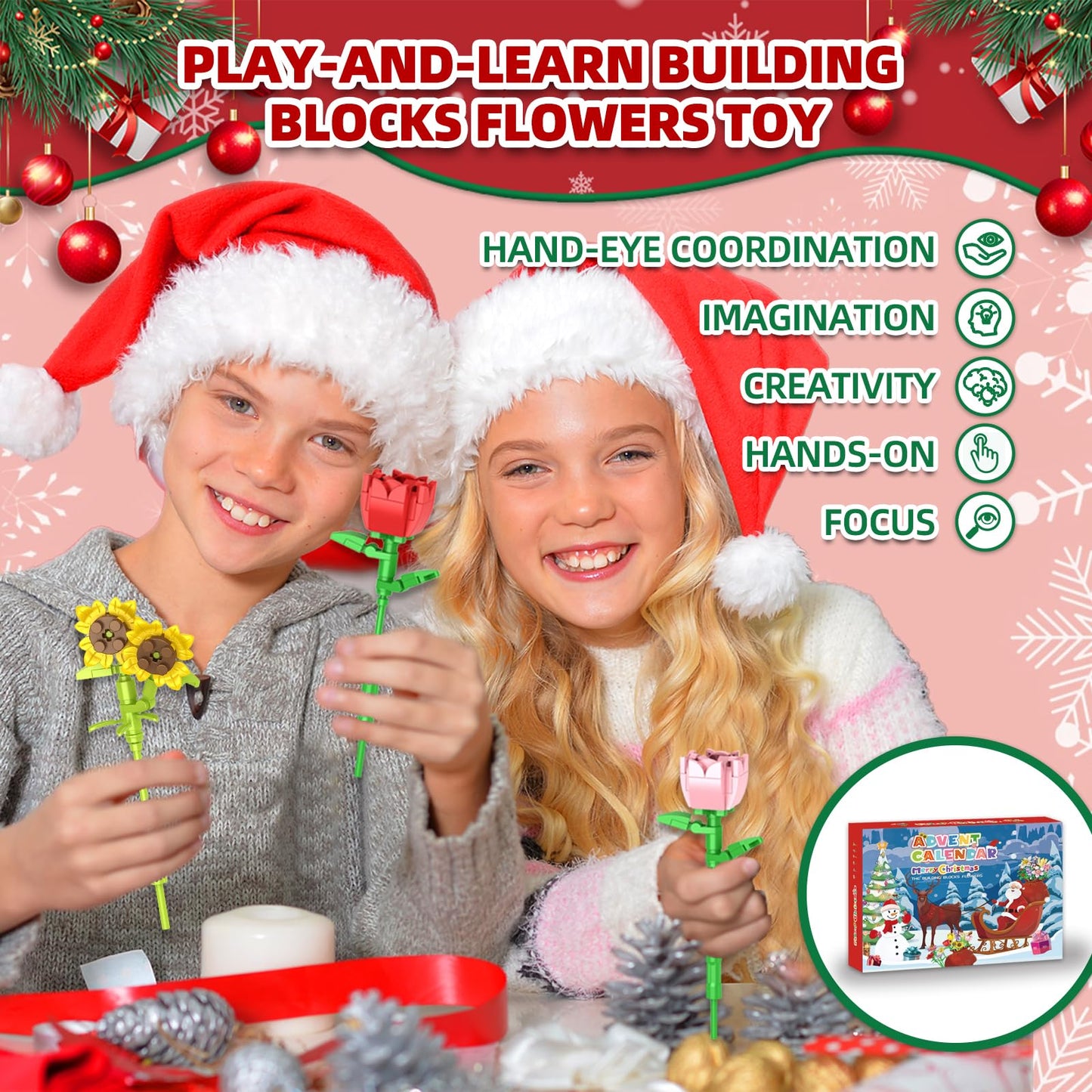 Advent Calendar 2025 Flower Building Blocks for Kids, 24-Day Christmas Calendar with 24 Colorful Flower Bouquets Made of Building Blocks,Christmas Flower Building Toy Gift for Boys and Girls