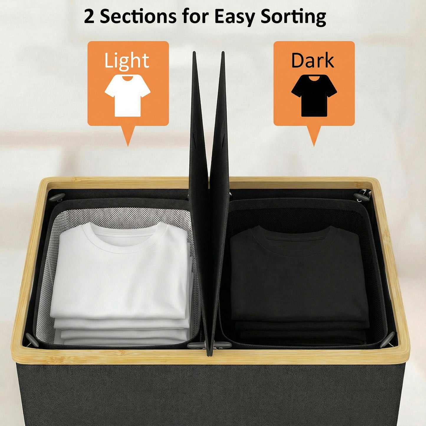 efluky Laundry Hamper with Lid, Double Laundry Basket with 2 Removable Bags, 2 Section Laundry Bin with Bamboo Handles for Bathroom, Bedroom & Laundry Room, 140L (36.9 Gallon) Black