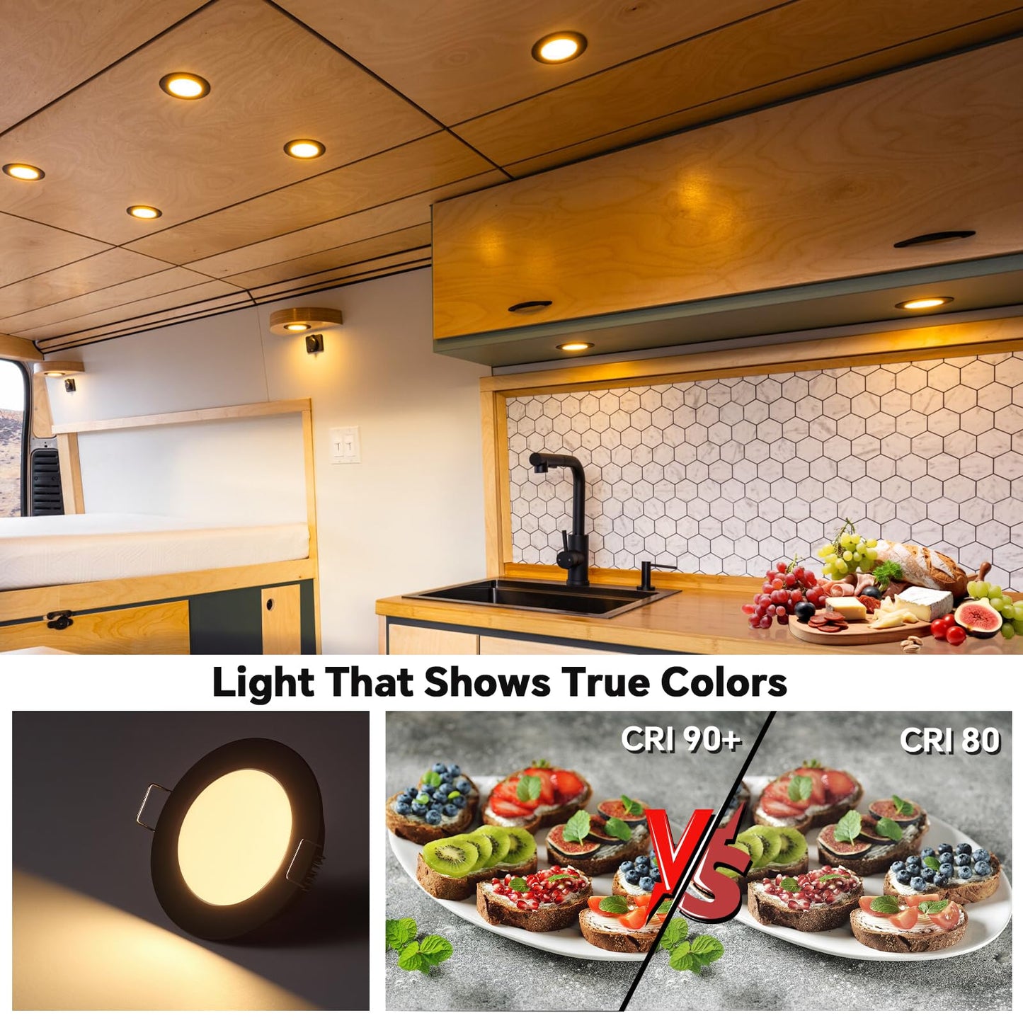 Acegoo 12 Volt LED Puck Light, RV Boat Recessed Mount Ceiling Light, Under Cabinet Camper Vans Caravan Cabin Truck Motorhome Interior Lighting, 6 Pack (Black Finish Warm White)