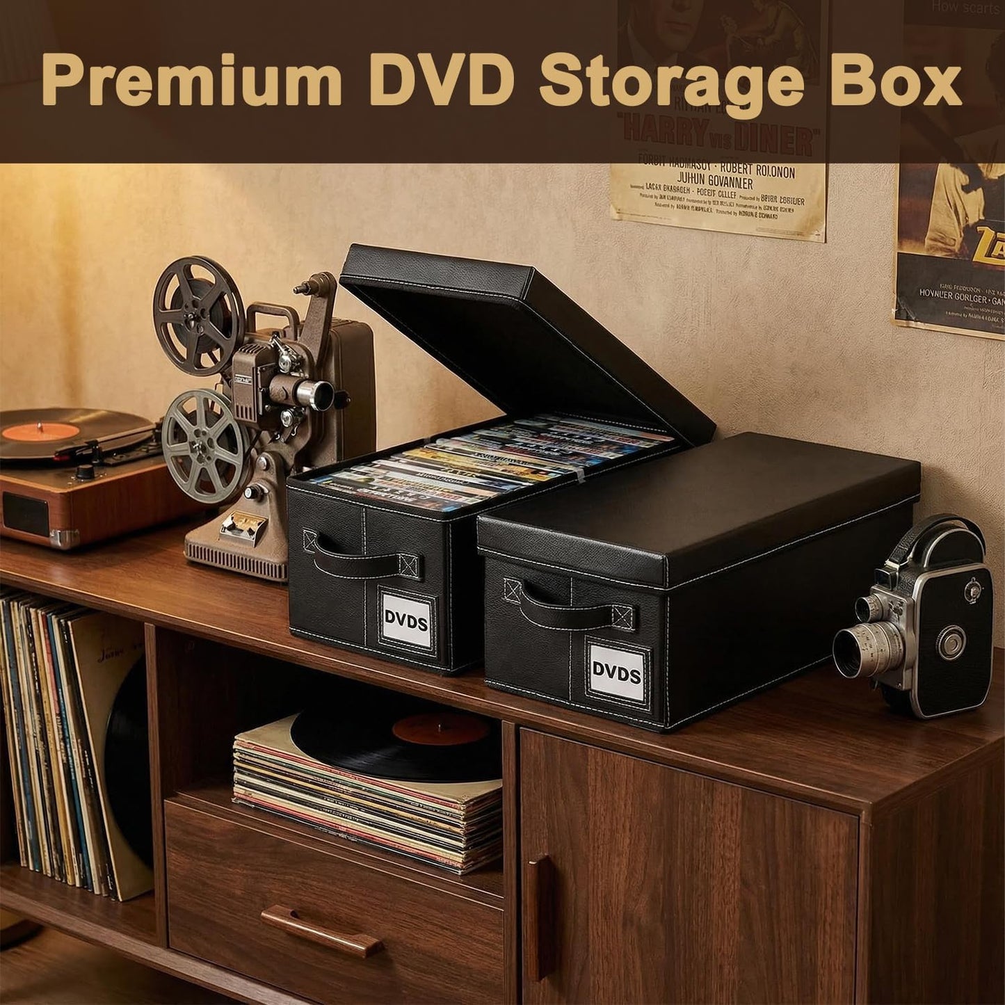 Salajory DVD Storage Boxes 4 Pack, Holds 100 DVDs, PU Leather Media Organizer Case for Blu-ray, Game & Movie Discs with Handle, 15.7x7.9x5.7 Inches, Desktop or Closet Storage