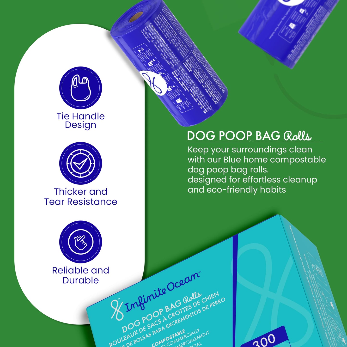 Certified Home Compostable Dog Poop Bag Rolls, 300 Count Tie-Handle & Gusseted Leak-Proof, Odor-Proof, Thick Blue Refill Rolls, Unscented