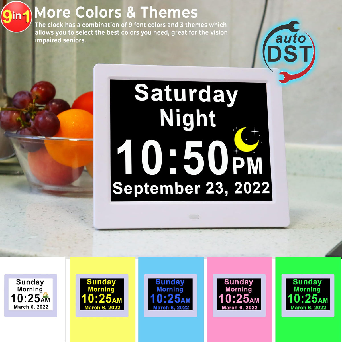 Large Calendar Clock for Seniors, 30 Alarms & Sun/Moon Icons, Day Date Week Clock with Remote Control, 6 Standard Themes, 20 Custom Reminders, 5 Languages, Auto Dimming, 12/24 Hours, auto DST