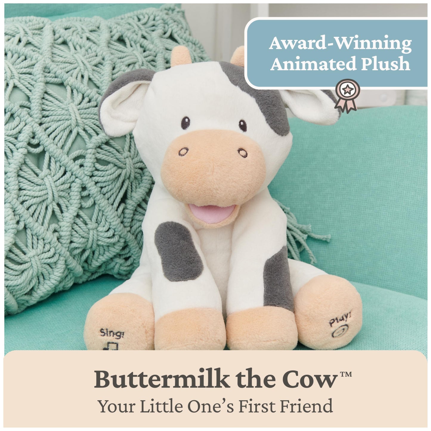 Baby GUND Buttermilk The Cow Animated Plush, Singing Stuffed Animal Sensory Toy, Sings Old Macdonald and Teaches Animal Sounds, Cream/Grey, 12”