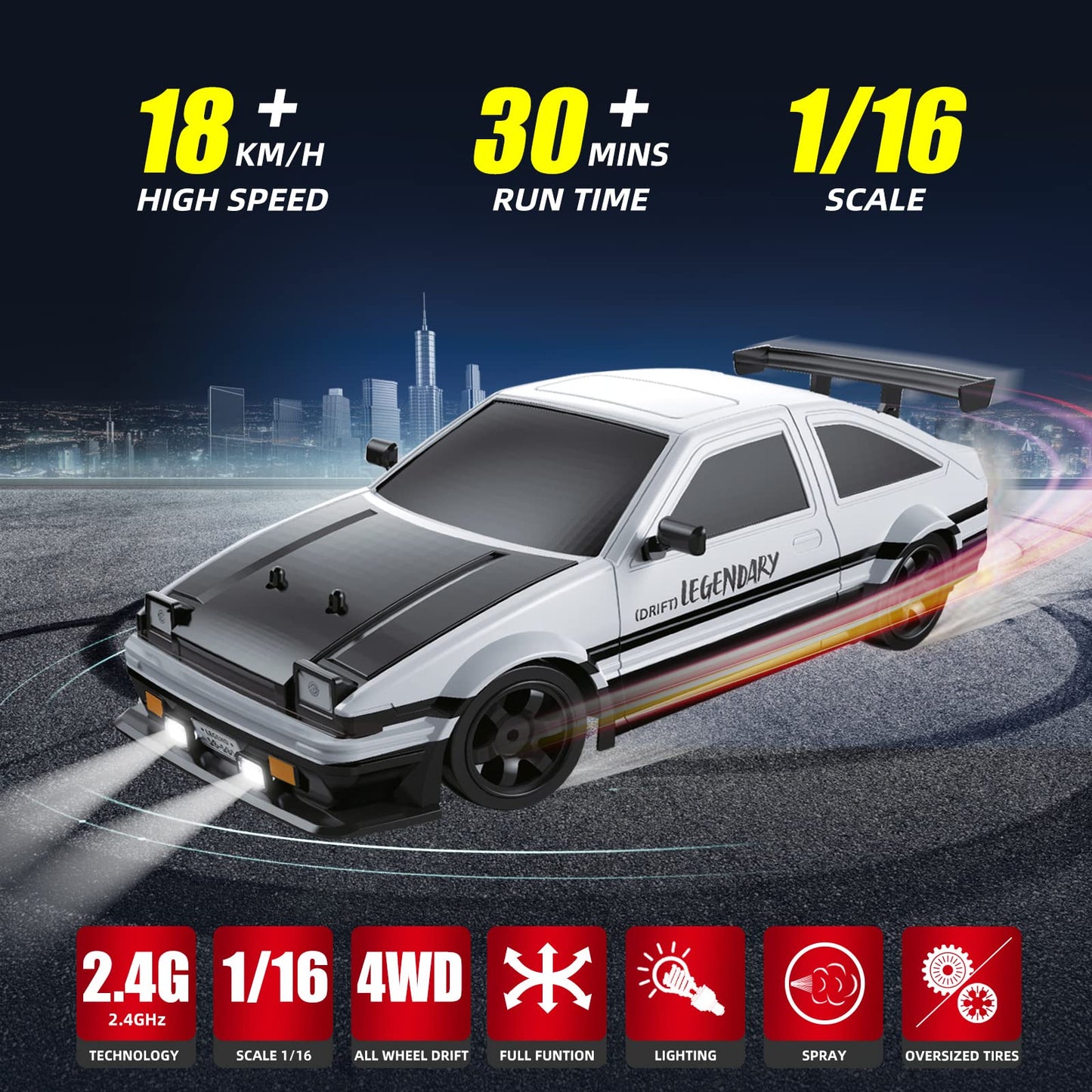 Sakeye RC Drifting Car 2.4GHz 1:16 4WD Remote Control Cars High Speed RC Cars with LED Lights Two Batteries and Drifting Tires Racing Sport Toy Cars for Adults Boys Kids Gift