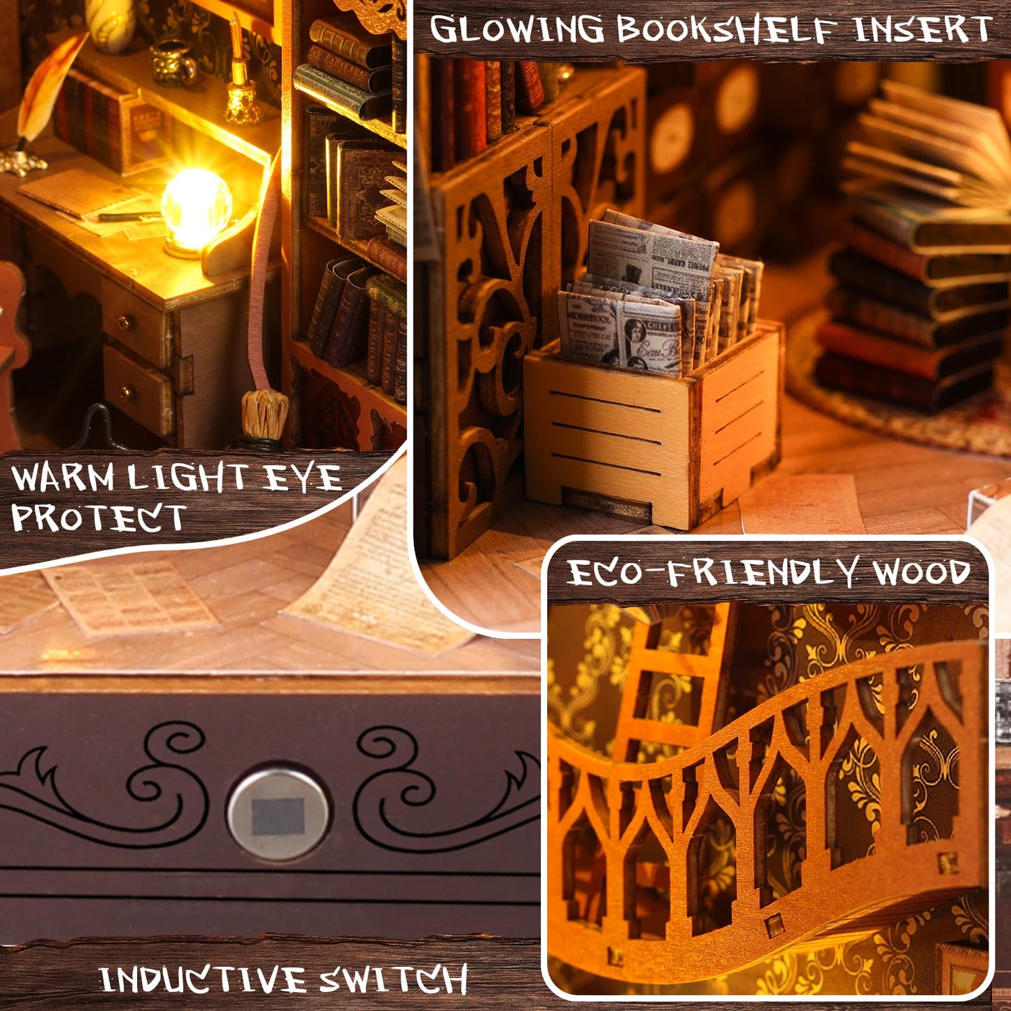 DIY Book Nook Kit: 3D Wooden Puzzle Shelf Insert with LED Light - Miniature Dollhouse Bookend Decor for Adults and Teens - Creative Gift,Not Including Glue (Style A)
