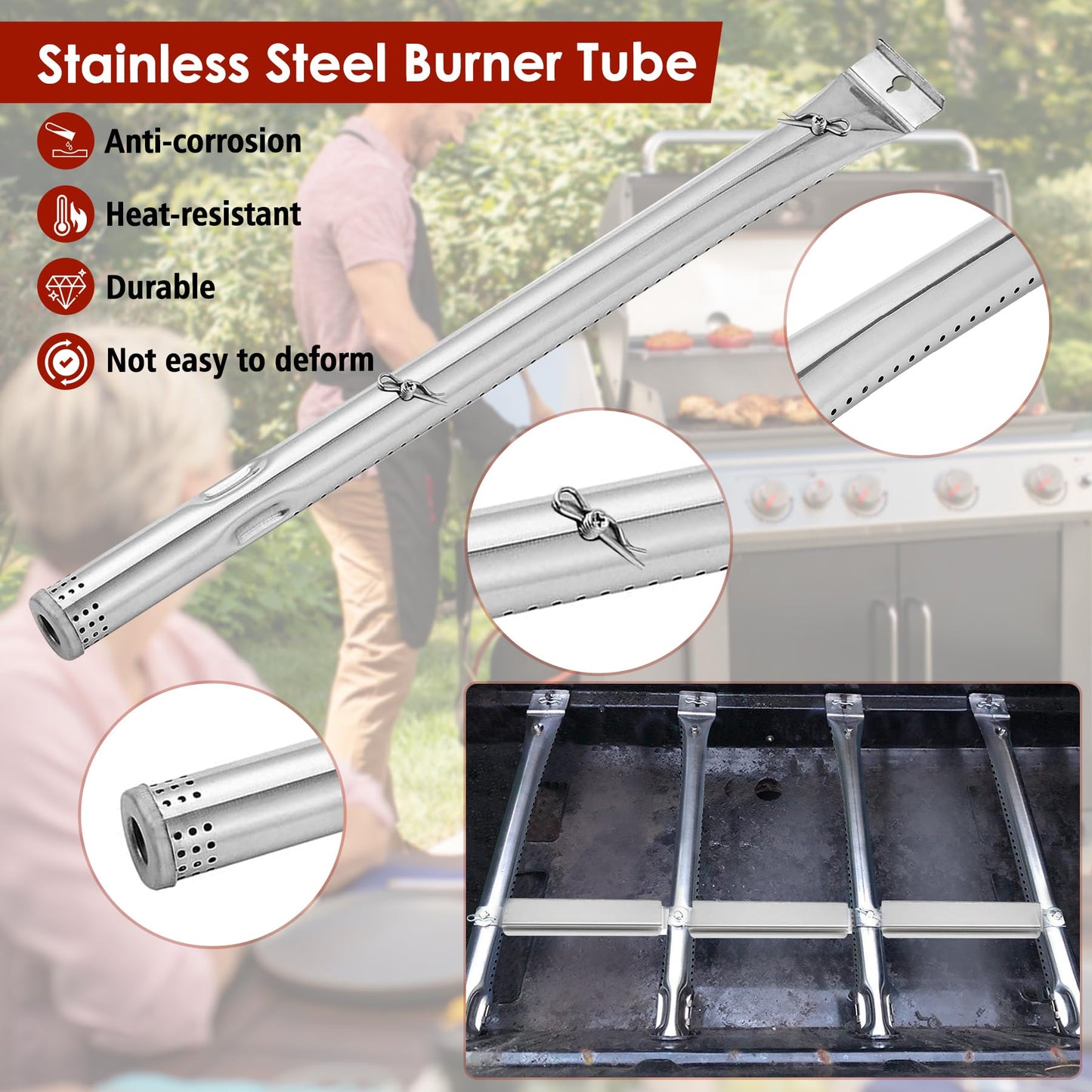 KEESHA Grill Replacement Parts Kit with Porcelain Steel Heat Shield, Stainless Steel Grill Burner Tube, Adjustable Carryover Tube For Charbroil and Master Chef 85-3044-6/85-3045-4/E480/E500 Gas Grills
