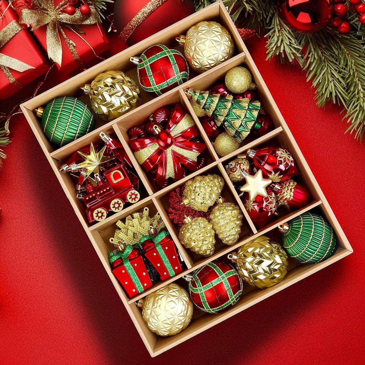 Alupssuc 82pcs Christmas Balls Ornaments Set, Delightful Classic Gift Set Gift Set, and Tree Topper for Xmas Tree Holiday Wedding Party Decorations with Hanging Strings, Gold，Red and Green