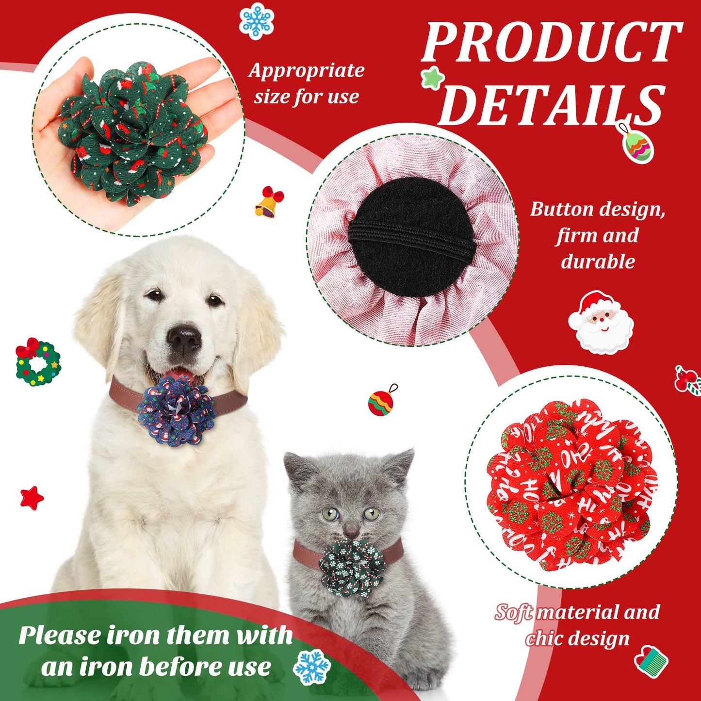 Sanwuta 80 Pieces Christmas Dog Collar Flowers Bulk Santa Claus Snowflakes Dog Charms Grooming Accessories Bow Tie Flower for Pets Cat Collar Attachment Embellishment Xmas Party Costume