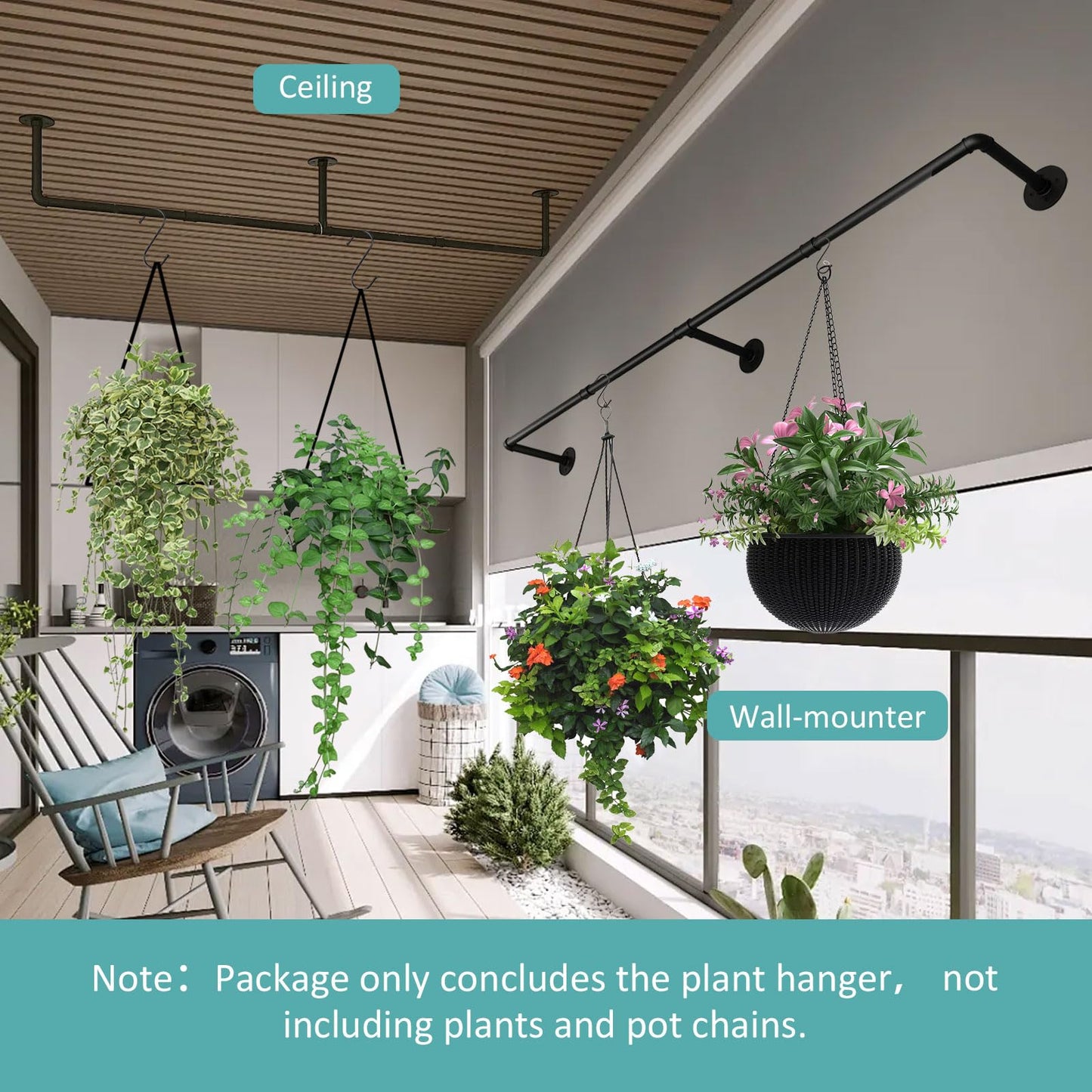 Longzhuo Hanging Planters for Indoor Plants, Metal Wall Mount Hanging Rod, Window Shelf Holder for Ceiling, Black