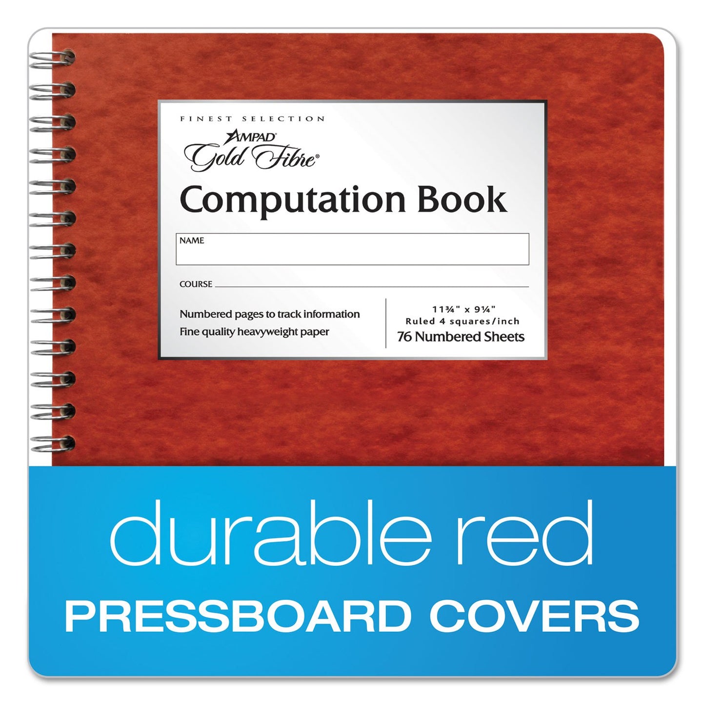 Ampad Engineers Research and Computation Book, Wirebound, Size 11-3/4 x 9-1/4, 24 Pound Paper, 76 Sheets, Buff Paper, 4x4 Ruling, Red Cover (22-157)