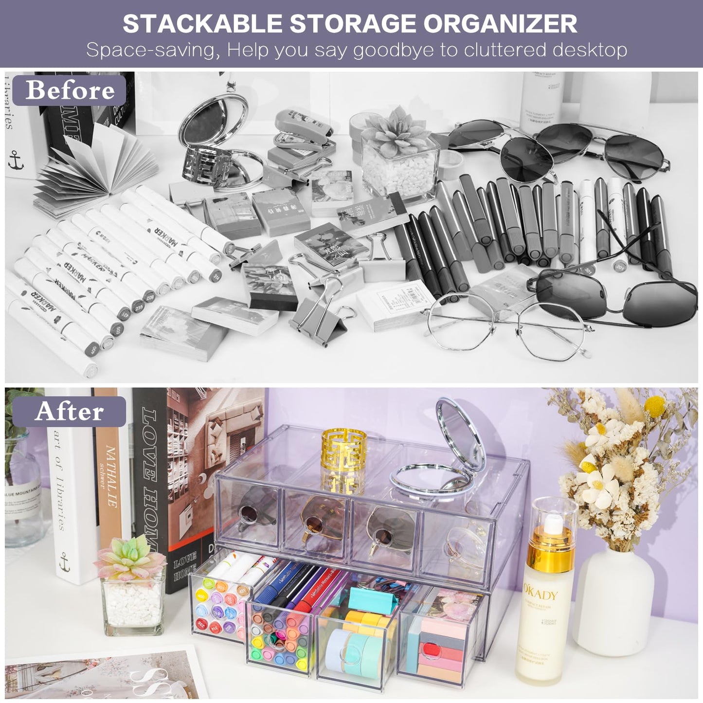 Desk Organizer with 8 Drawers, FODIENS 2 Packs Stackable Desktop Storage Box with Removable Drawer, Clear Sunglasses Organizer Display Case for Stationery Marker Pens Eyeglasses Office Supply