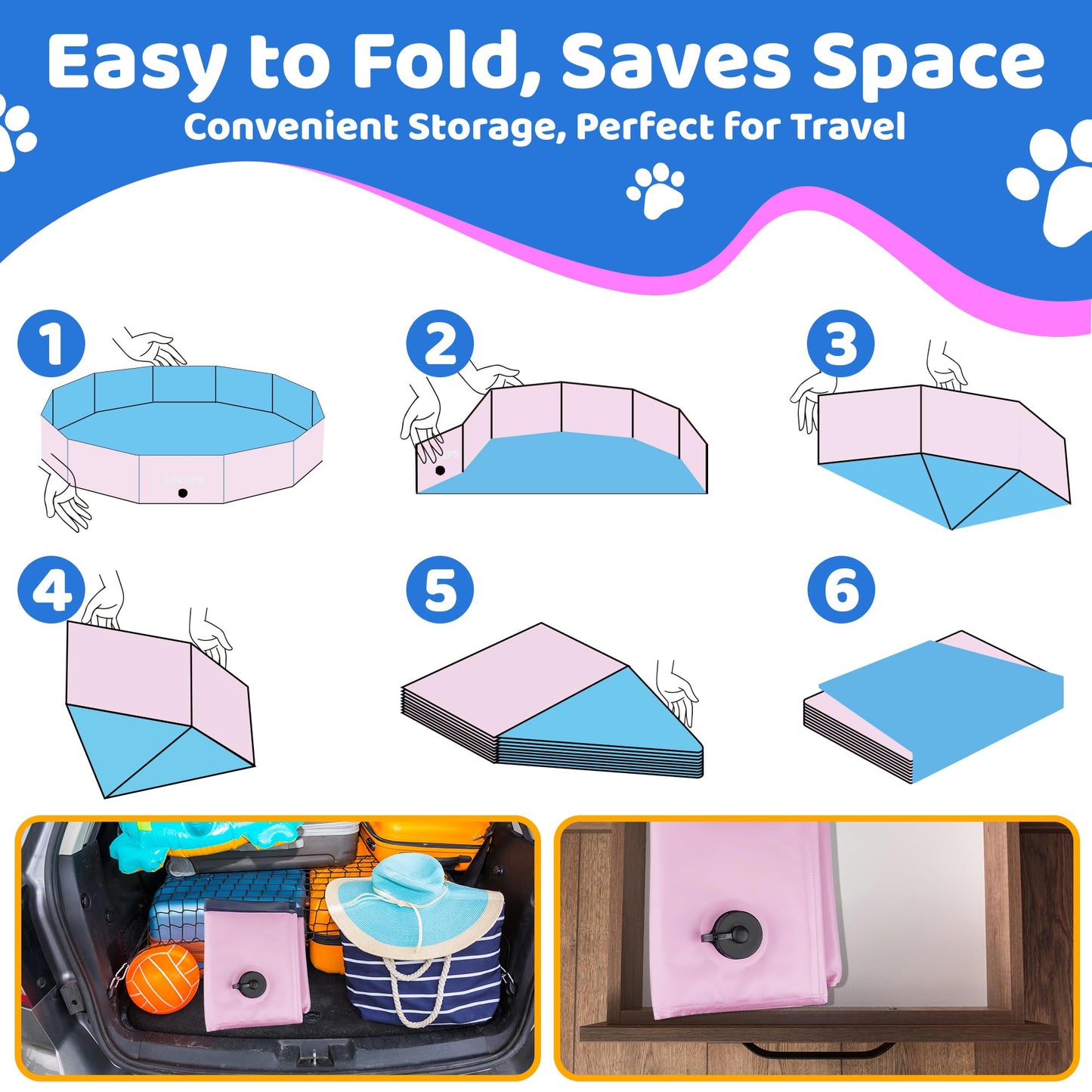 CACSPS Foldable Dog Pool, 87" x 12" Kiddie Pool with Hard Plastic, Non-Slip Dog Bath Tub for Outdoor Backyard, Collapsible Dog Swimming Pool for Kids Dogs Pets (Pink)