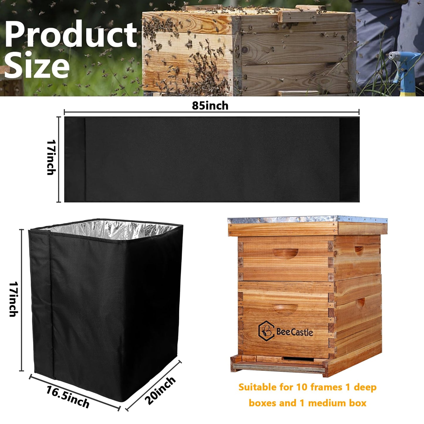 codree 10 Frame Winter Bee Hive Wrap- 1 Deep Box & 1 Medium Box 600D Oxford Beehive Winter Protection Cover- Cozy Windproof Warm Bee Hive Insulation Wrap for Most Bee Hive (85" x 17")