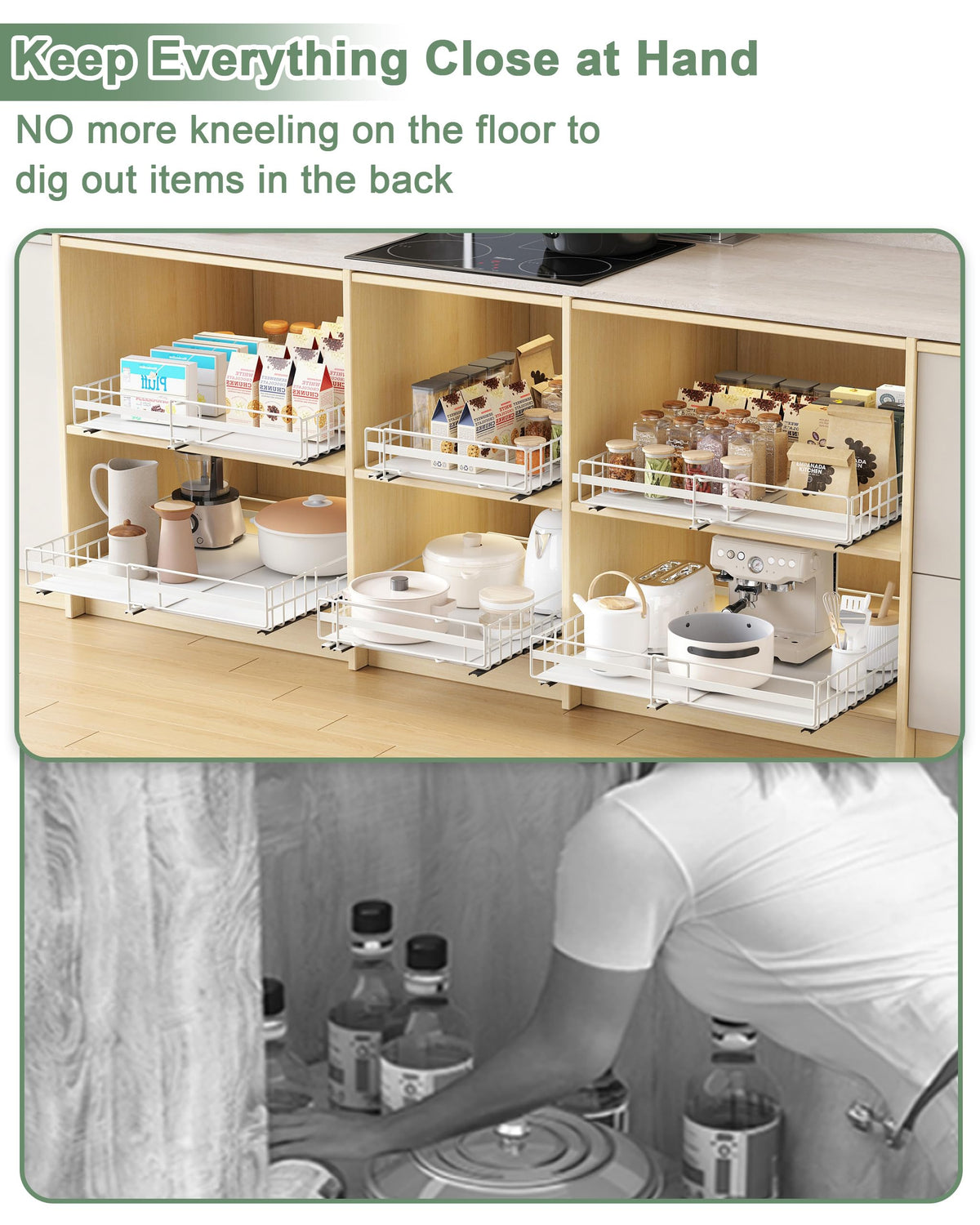 UMDONX 2 Pack Expandable Pull Out Cabinet Organizer Drawers Kitchen Cupboard Storage, No Drill Sliding Rack Adhesive Pantry Shelf (Durable Metal White Load 65LBS)