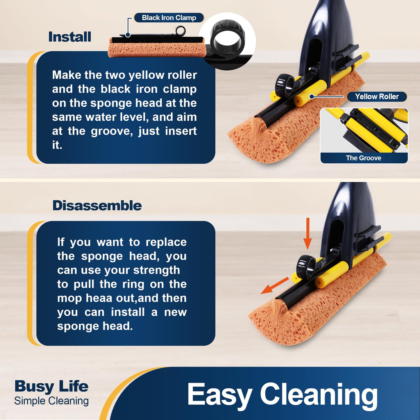Yocada Sponge Mop Home Commercial Use Tile Floor Bathroom Garage Cleaning with Squeegee and Extendable Telescopic Long Handle 41-53 Inches Easily Dry Wringing
