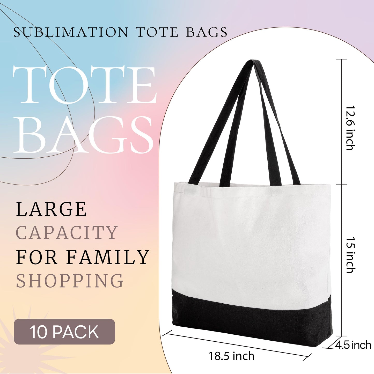 Joyclub 10 Pack Large Canvas Tote Bags Bulk Sublimation Blanks with Long Handle 18.5 x 15 x 4 inch Heavy Duty Totes Polyester Bags Wide Reusable Grocery for DIY Decorating Crafting Painting Shopping