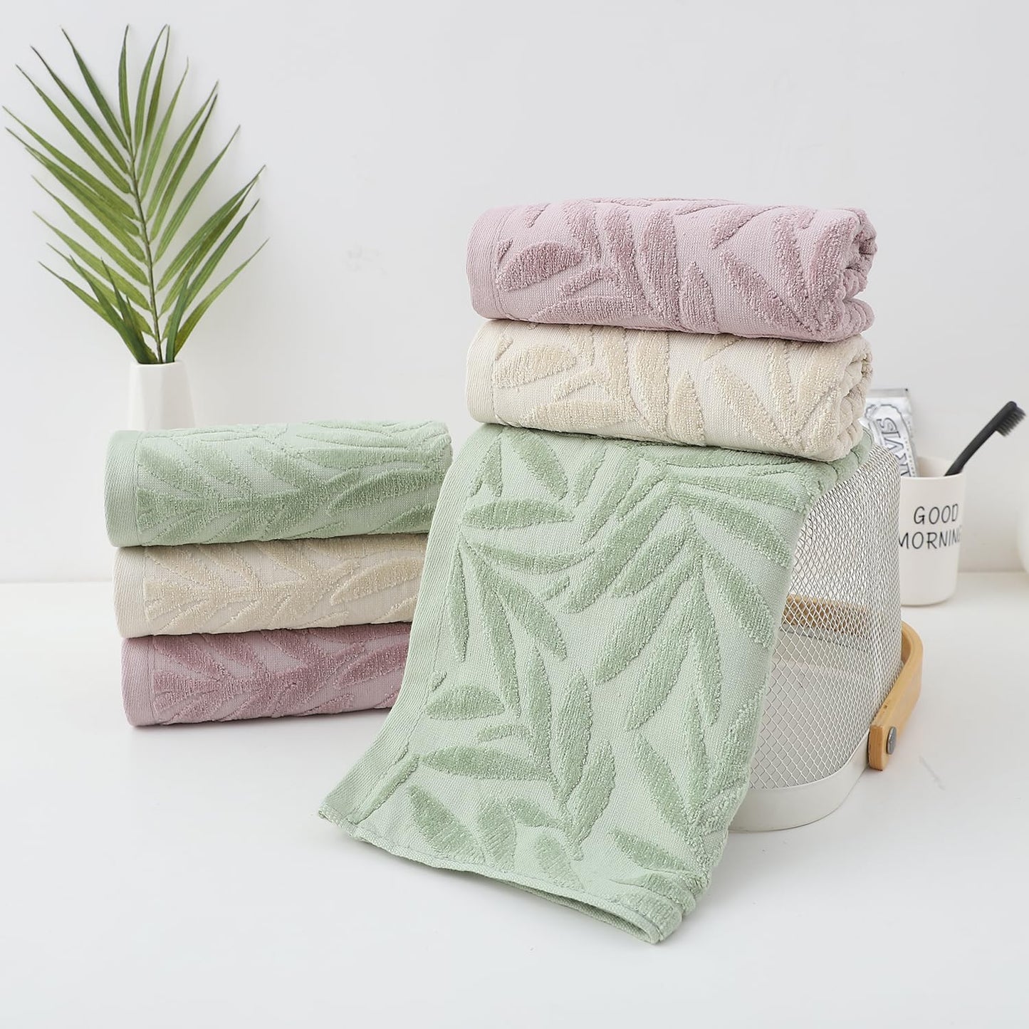 Pidada Hand Towels Set of 4 Leaf Pattern 100% Cotton Absorbent Soft Decorative Towel for Bathroom (Green)