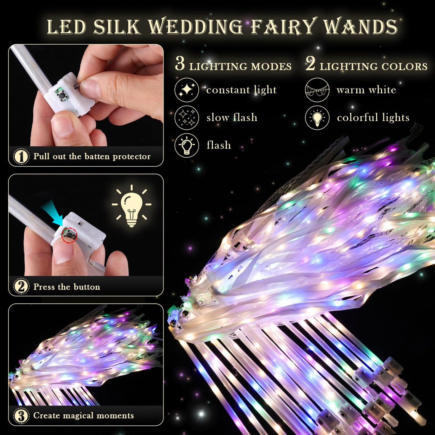 AUGFRYZIAN 100 Pieces Light up Wedding Wands with Ribbons & Bells –LED Silk Wedding Fairy Wands Streamers with Warm White & Colorful Lights for Wedding Send Off Ideas, Parties, and Celebrations